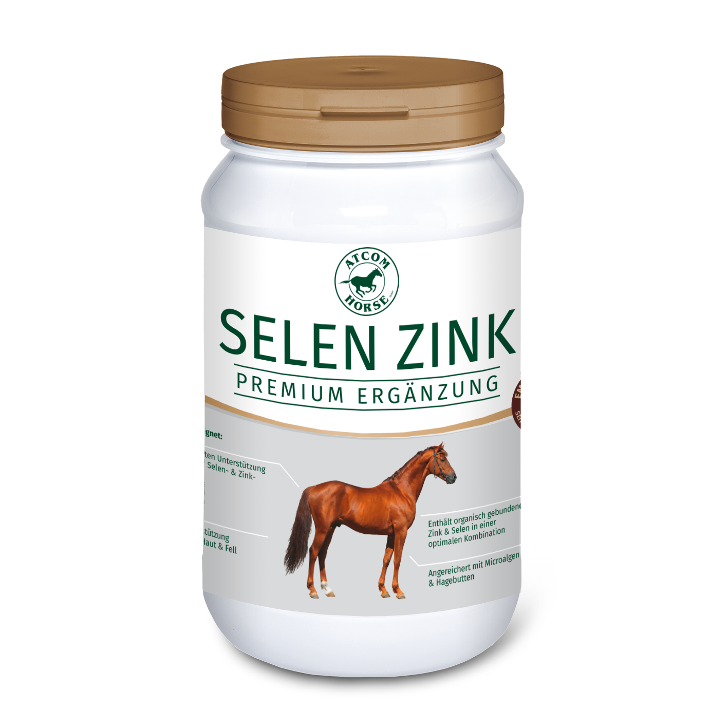 Selen Zink Premium Ergänzung für Pferde Dose mit Selen Zink Premium Ergänzung für Pferde, zeigt ein Pferd auf dem Etikett.