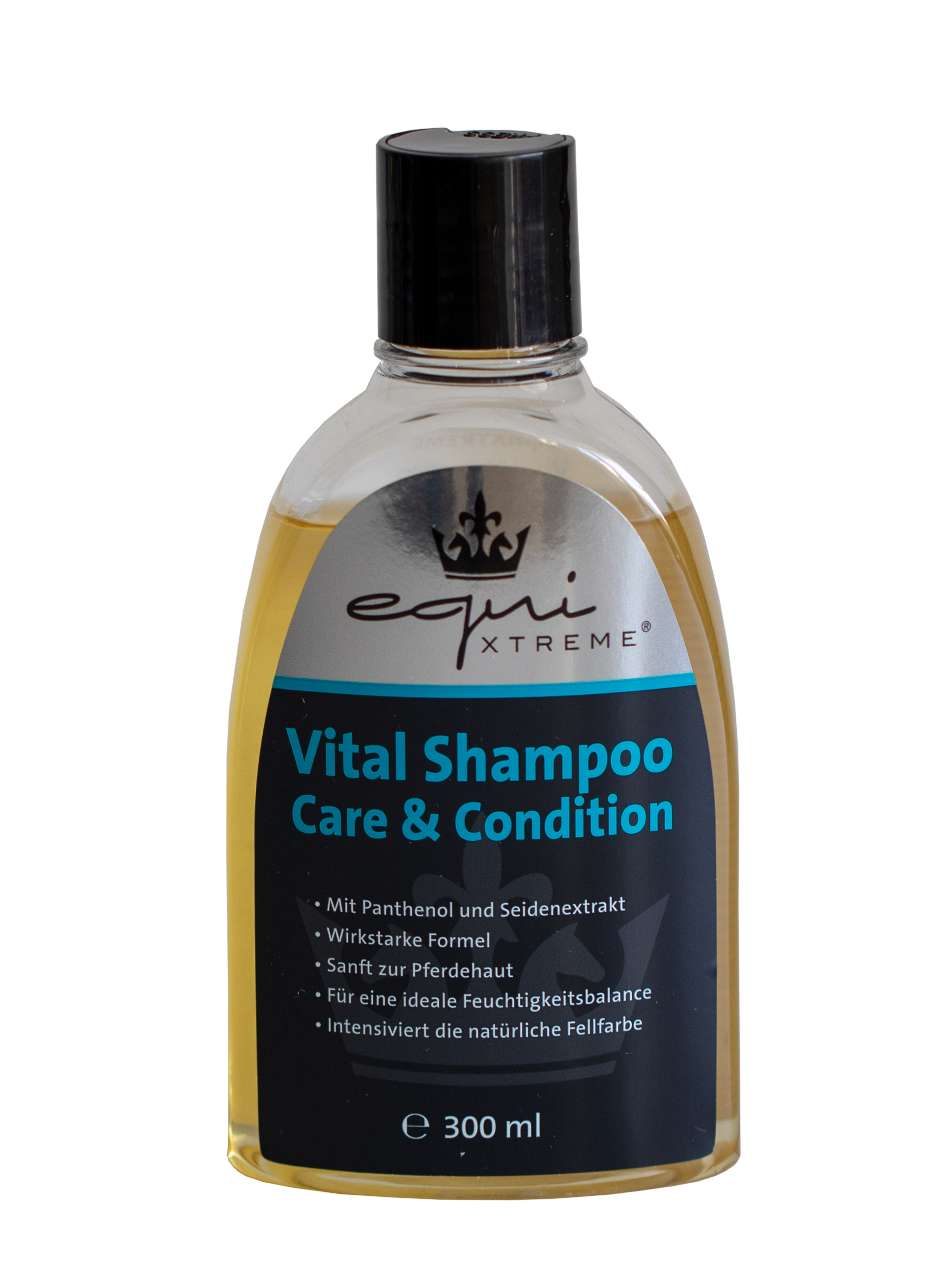 equ XTREME Vital Shampoo Care & Condition Flasche mit equi XTREME Vital Shampoo Care & Condition, 300 ml, mit Panthenol und Seidenextrakt.