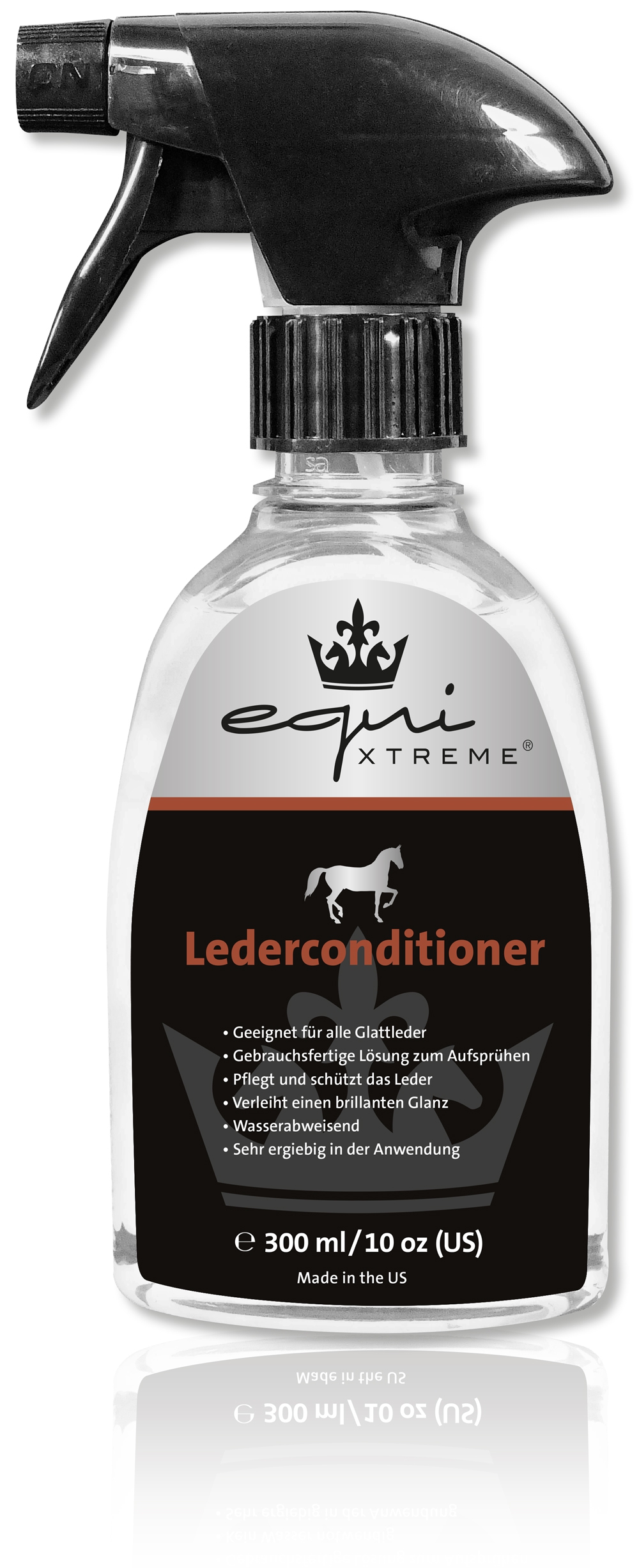 equ XTREME Lederconditioner Flasche mit equi XTREME Lederconditioner, 300 ml, Sprühkopf, für die Pflege von Leder.