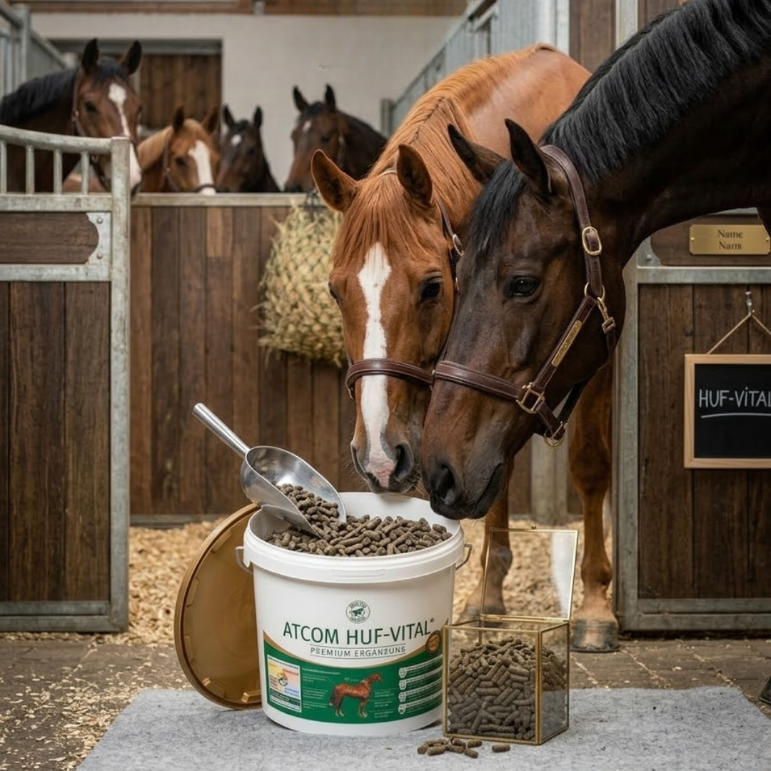 Pferde im Stall fressen ATCOM HUF-VITAL – optimale Akzeptanz und tägliche Versorgung
