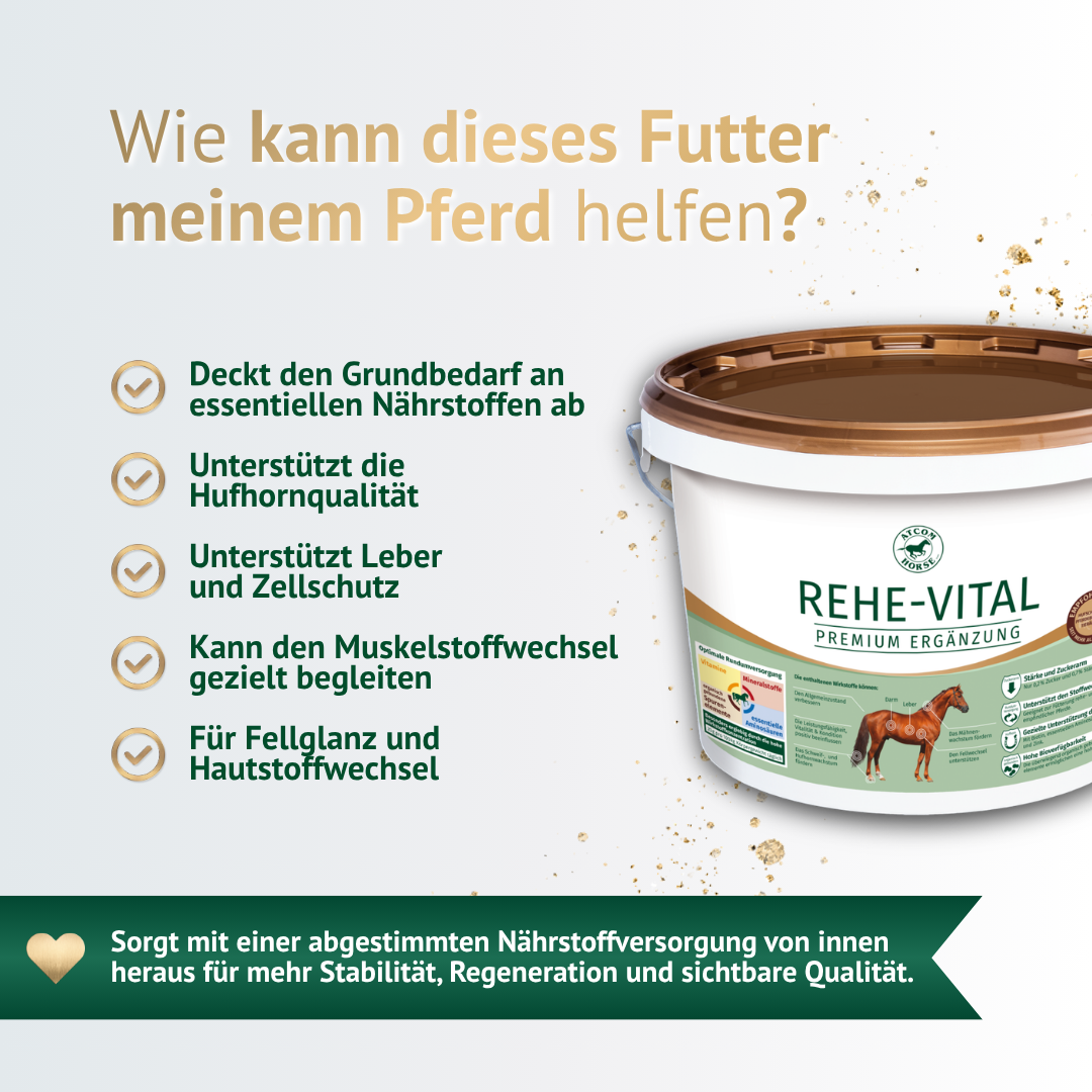 Vorteile von Rehe-Vital Pferdefutter für Hufe, Fell, Zellschutz und Stoffwechsel