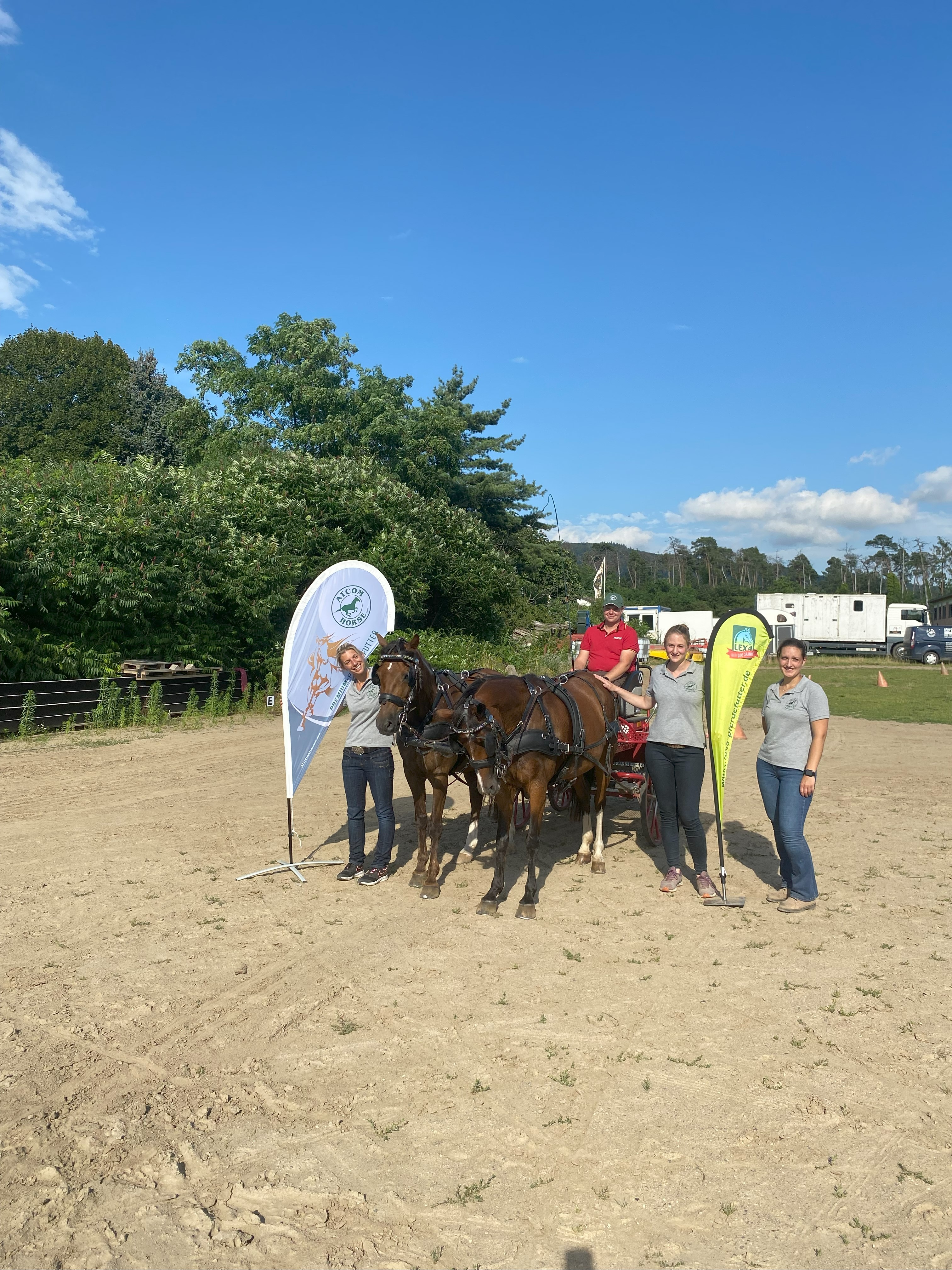 Personen mit Pferden auf einem Sandplatz Vier Personen stehen neben einem Gespann mit zwei Pferden auf einem Sandplatz, im Hintergrund Bäume und ein blauer Himmel.