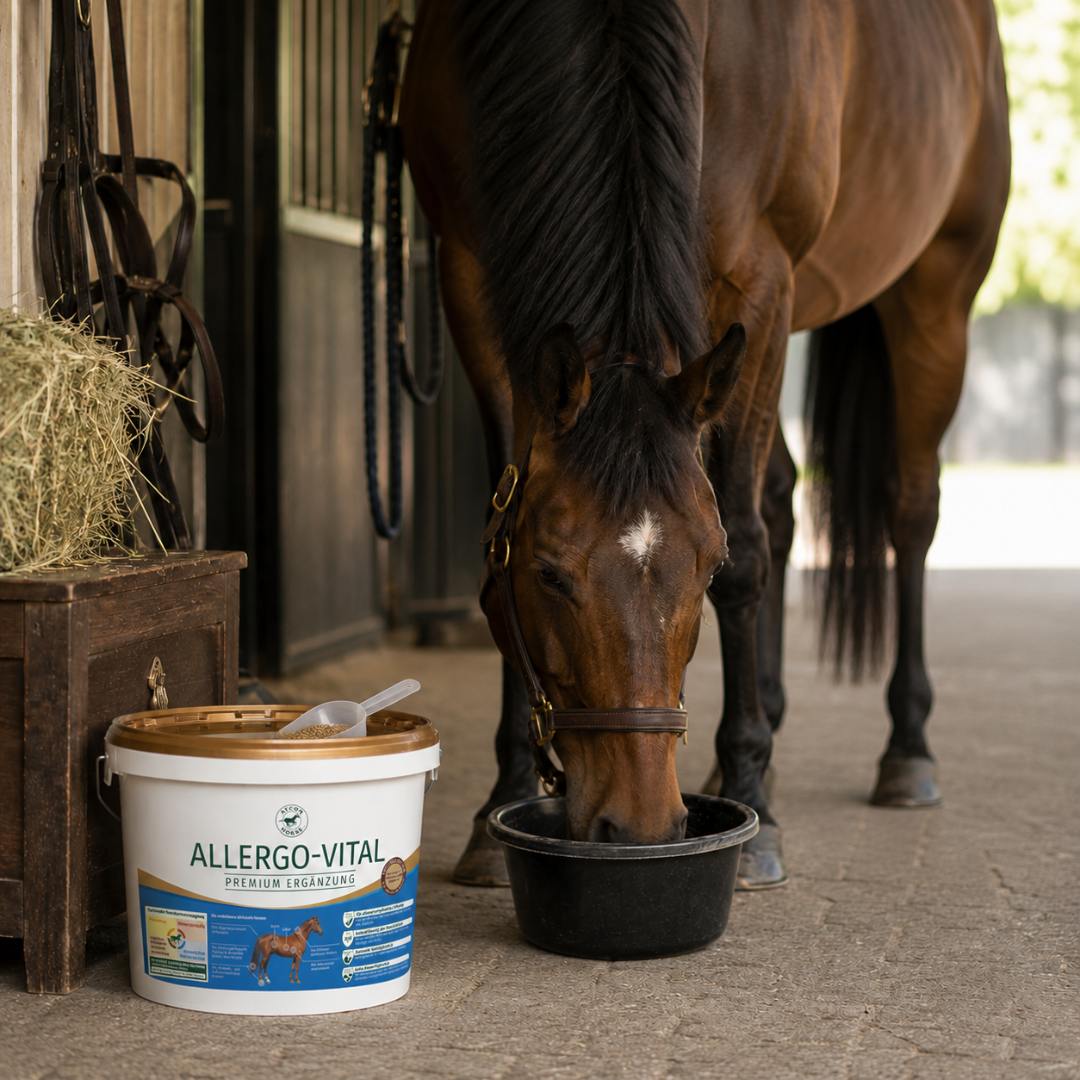 Pferd im Stall frisst aus einem Eimer neben Allergo-Vital Ergänzungsfutter für sensible Pferde.
