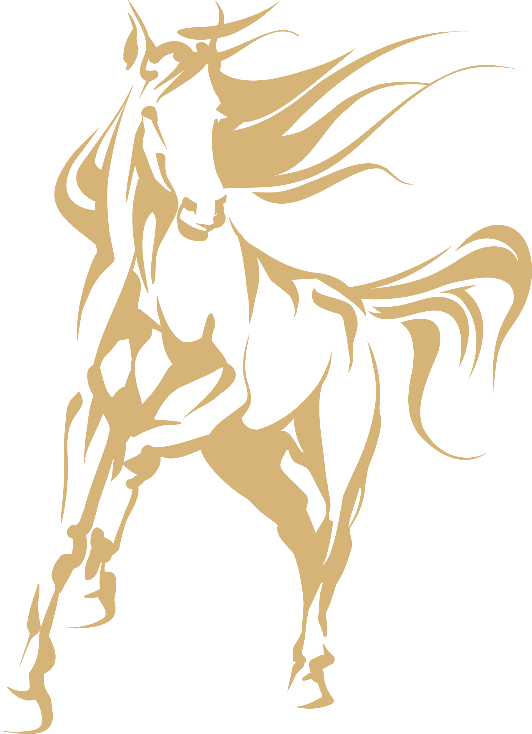 Stilisiertes Pferd Stilisierte Darstellung eines Pferdes mit fließender Mähne, in goldener Farbe auf schwarzem Hintergrund.