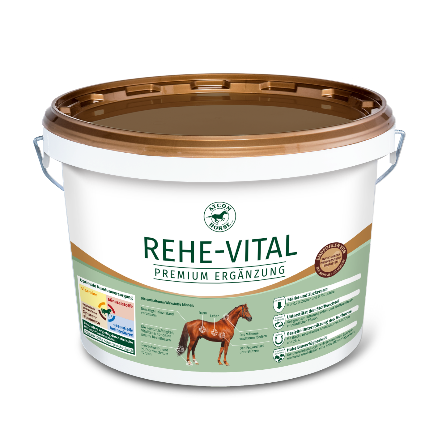 Rehe-Vital Premium Ergänzung für Pferde Eimer (Kunststoff) mit Rehe-Vital, einer Premium-Ergänzung für Pferde, mit Informationen zu Inhaltsstoffen und Anwendung auf dem Etikett. Goldener Deckel.