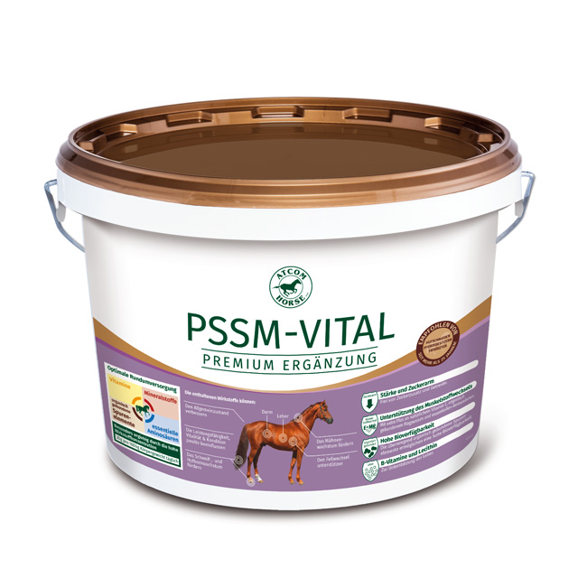 PSSM-VITAL Premium Ergänzung für Pferde Eimer mit PSSM-VITAL, einer Premium-Ergänzung für Pferde, mit Informationen zur Anwendung und Inhaltsstoffen.