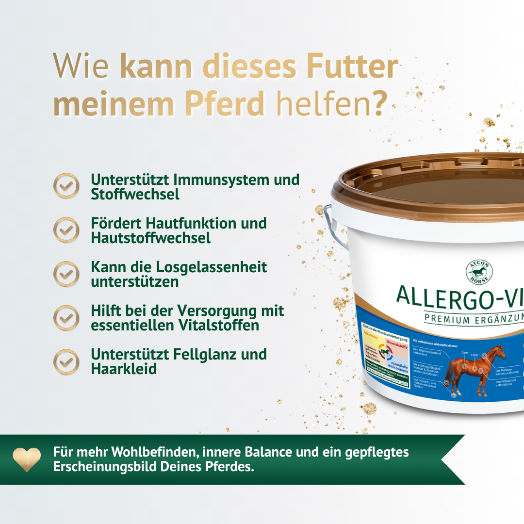 Allergo-Vital Ergänzungsfutter unterstützt Immunsystem, Stoffwechsel, Hautfunktion und Fellglanz beim Pferd.