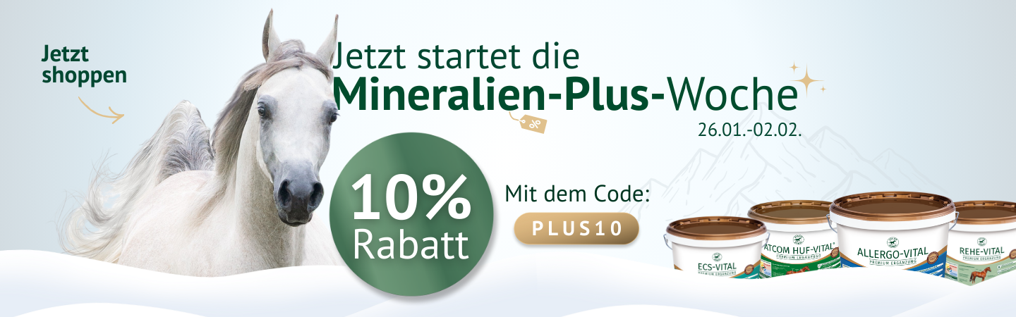 Banner zur Mineralien-Plus-Woche vom 26.01. bis 02.02. mit weißem Pferd, Produktabbildungen von ATCOM HORSE Mineralfuttern und Hinweis auf 10 % Rabatt mit dem Code PLUS10.