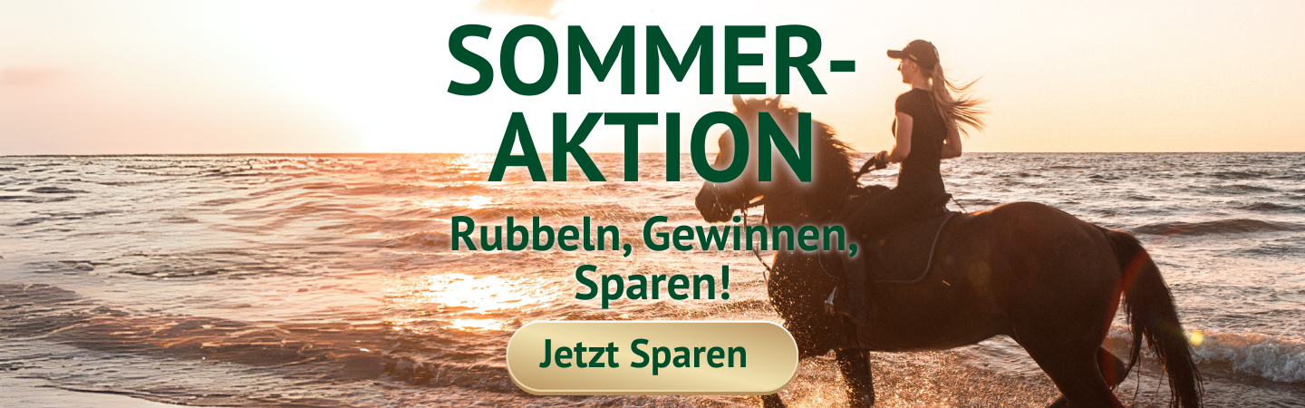 Ein Pferd das an einem Strand geritten wird und das Bild hat den Text: Sommer-Aktion Rubbeln, Gewinnen, Sparen!