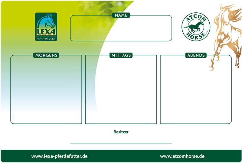 Tagesplan für Pferdefütterung Tagesplan für Pferdefütterung mit Feldern für Morgens, Mittags und Abends sowie Platz für Name und Besitzer.