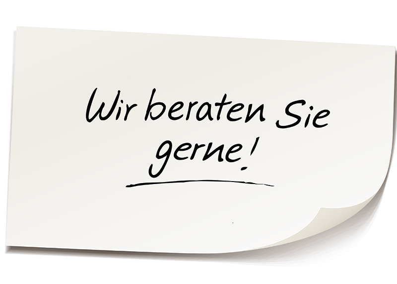 Haftnotiz mit Beratungsangebot Ein Haftnotiz mit der Aufschrift 'Wir beraten Sie gerne!' in handschriftlicher Schrift.