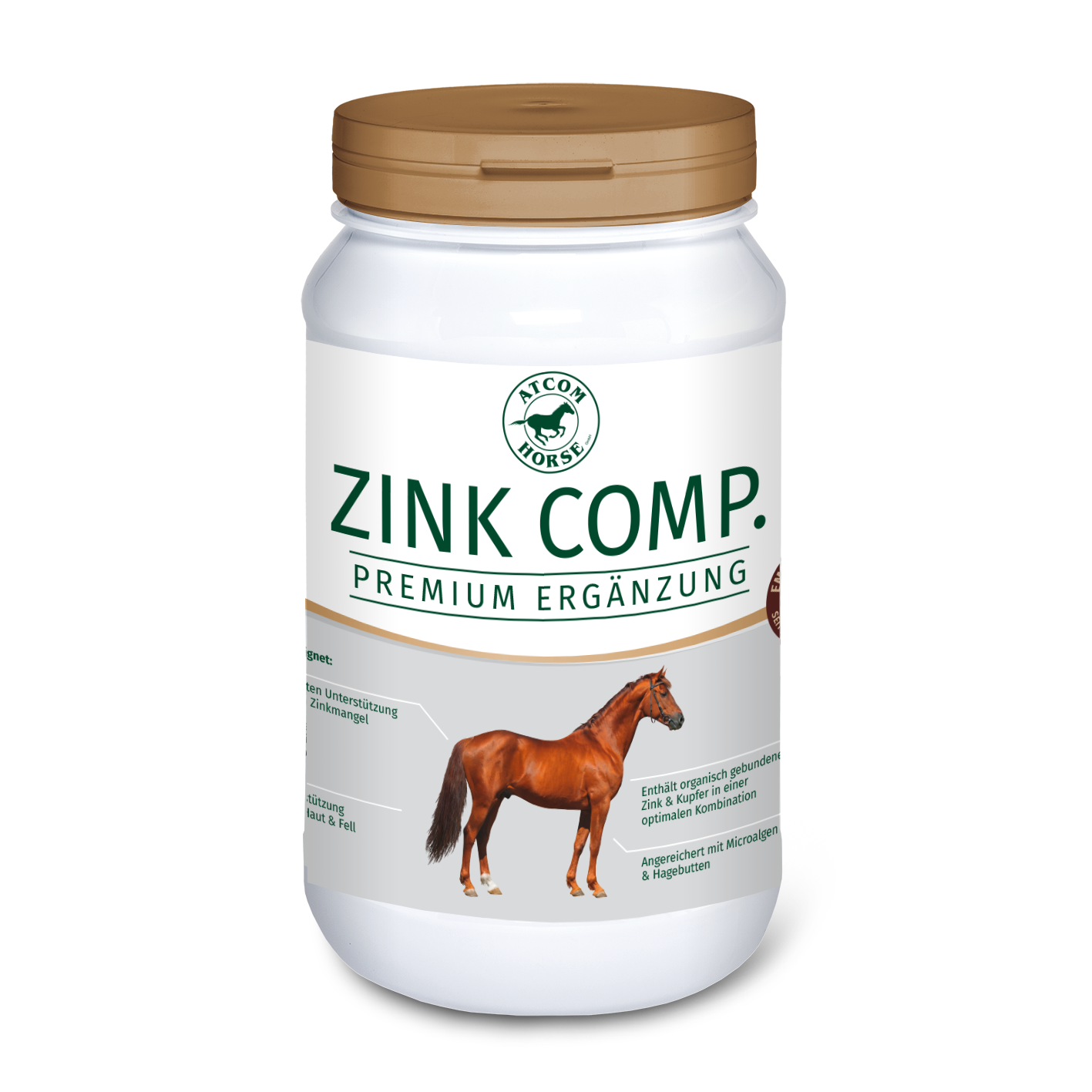 Zink Comp. Premium Ergänzung für Pferde Zink Comp. von Atcom Pferde, ein Premium-Ergänzungsfuttermittel für Pferde in einem weißen Behälter mit goldfarbenem Deckel.