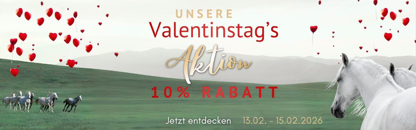 Werbebanner für eine Valentinstags-Aktion: Weiße Pferde galoppieren auf einer grünen Wiese unter einem Himmel voller herzförmiger Luftballons. Text: ‚Unsere Valentinstag’s Aktion – 10% Rabatt. Jetzt entdecken. 13.02. – 15.02.2026‘.