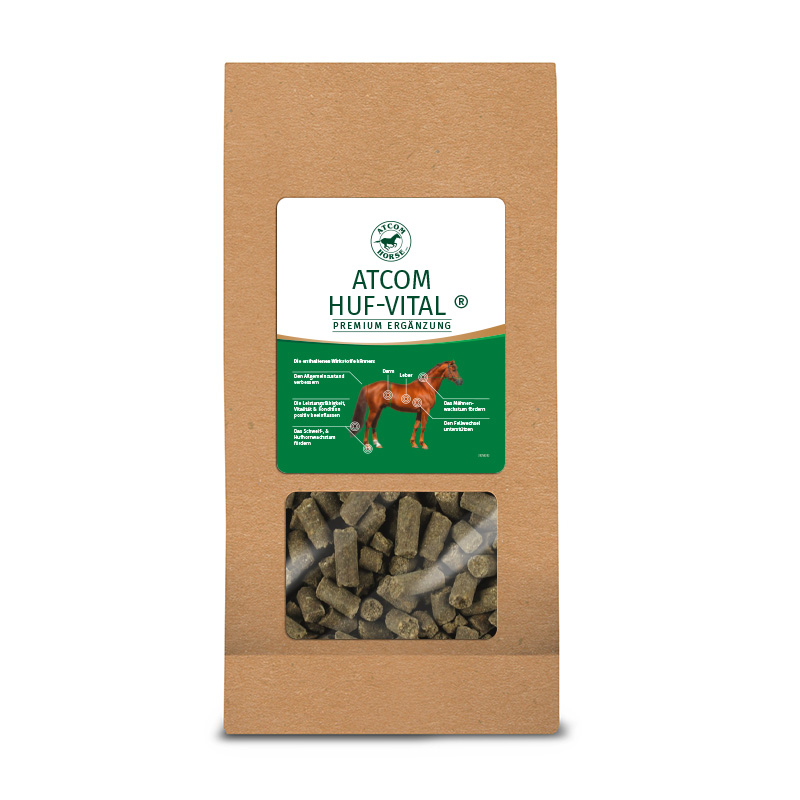 ATCOM Huf-Vital in einem braunen 1kg Beutel mit einem grünen Etikett und einem Sichtfenster