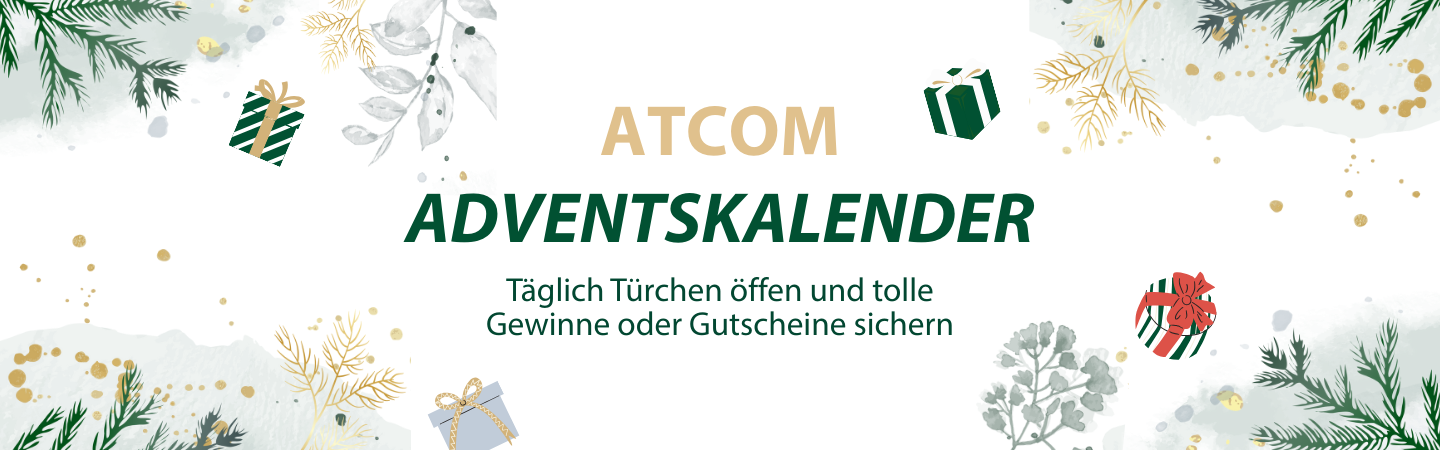 Banner für den ATCOM Adventskalender auf einem hellen, weiß-grauen Hintergrund mit goldener und grüner Umrandung. Im Hintergrund sind filigrane, stilisierte Tannen- und Schneeflockenmotive in Gold und Weiß abgebildet