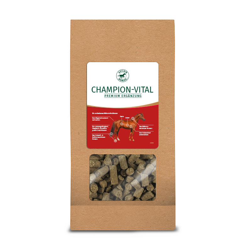 ATCOM Champion-Vital in einem braunen 1kg Beutel mit einem roten Etikett und einem Sichtfenster ATCOM Champion-Vital in einem braunen 1kg Beutel mit einem roten Etikett und einem Sichtfenster