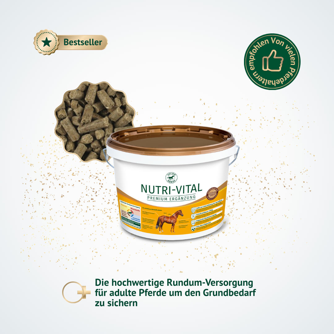Eimer ATCOM NUTRI-VITAL mit Pellets – hochwertige Rundum-Versorgung für adulte Pferde zur täglichen Grundversorgung