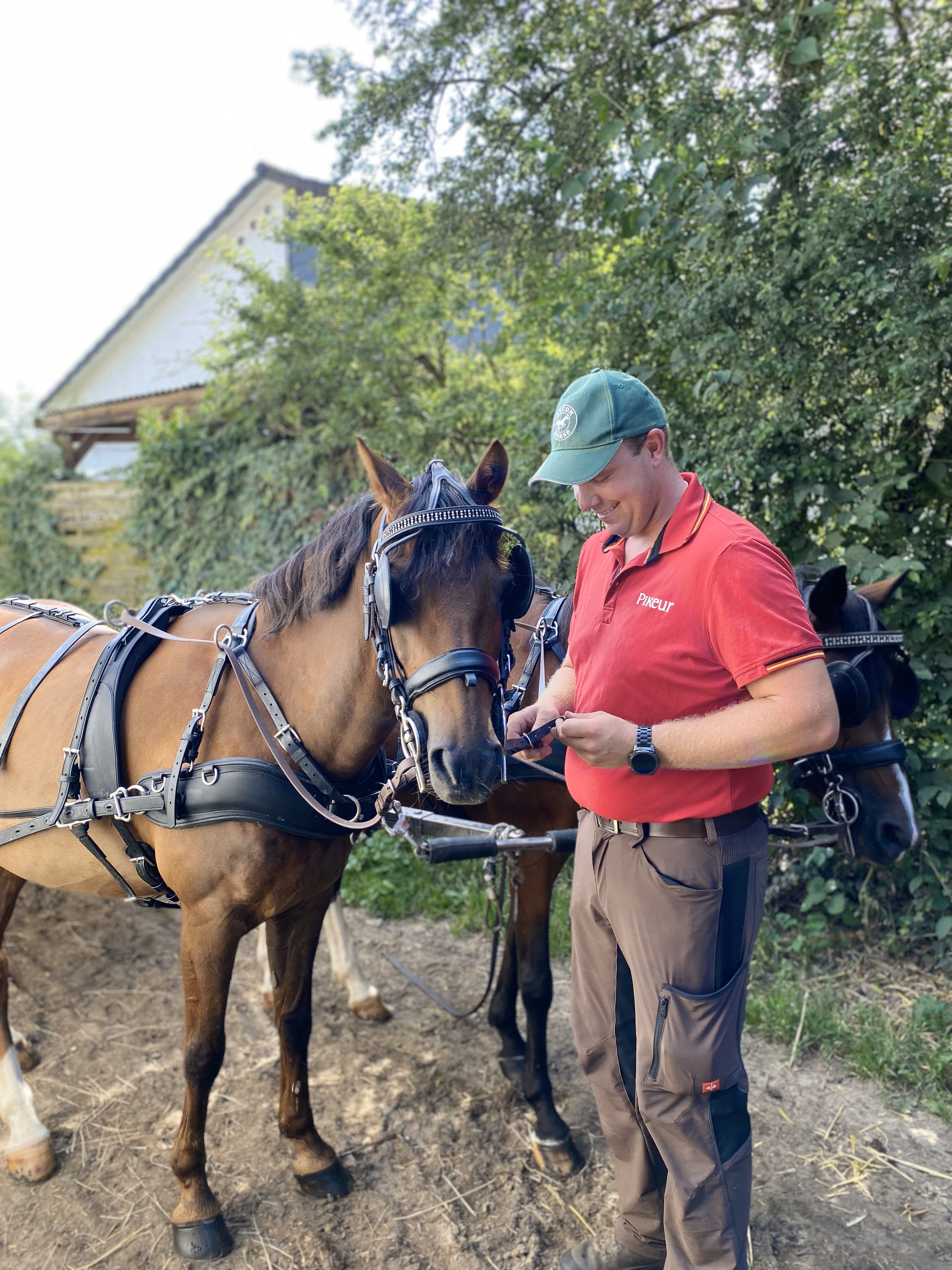 Mann mit Pferden Mann in rotem Shirt und grüner Mütze steht neben zwei Pferden, während er ein Handy benutzt.