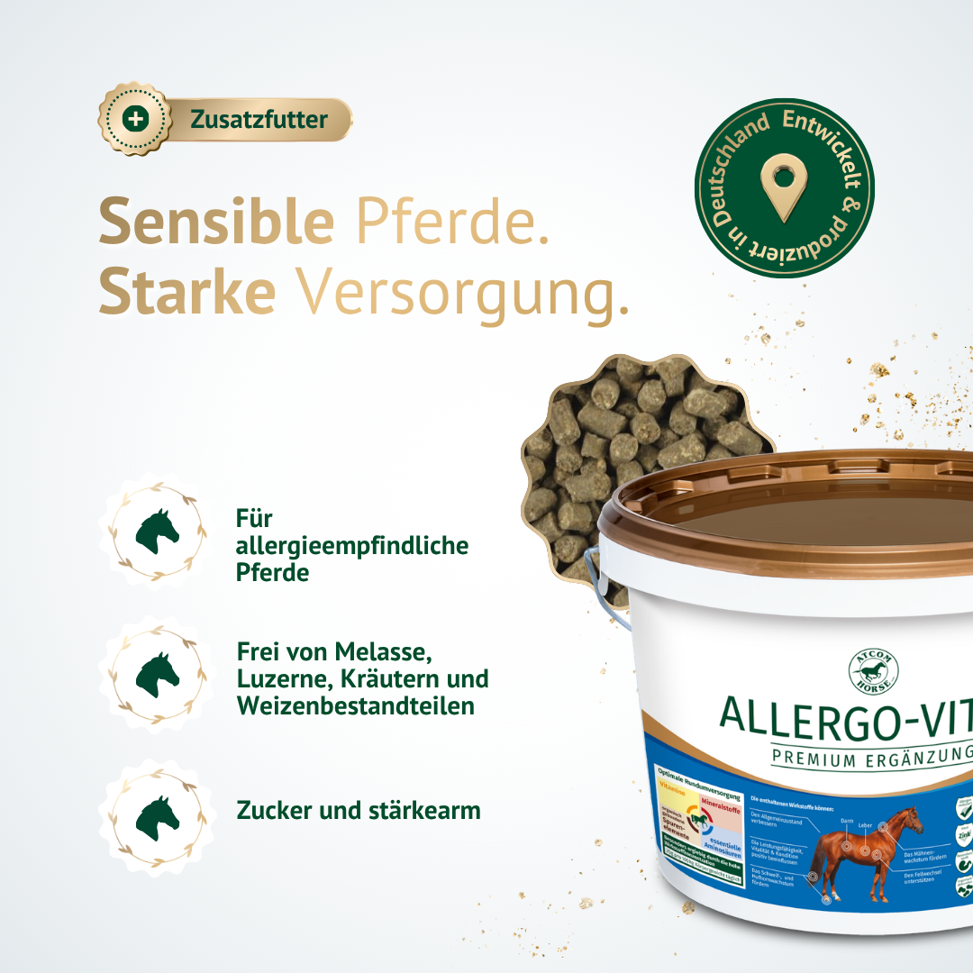 Allergo-Vital Zusatzfutter für allergieempfindliche Pferde, frei von Melasse, Luzerne, Kräutern und Weizenbestandteilen.