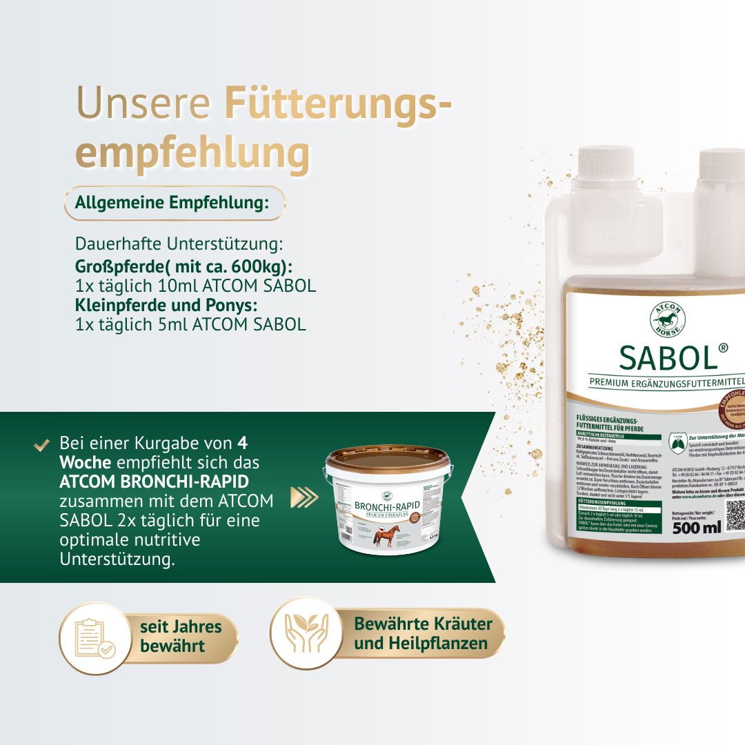 Fütterungsempfehlung für ATCOM SABOL – Dosierung für Großpferde, Kleinpferde und Ponys