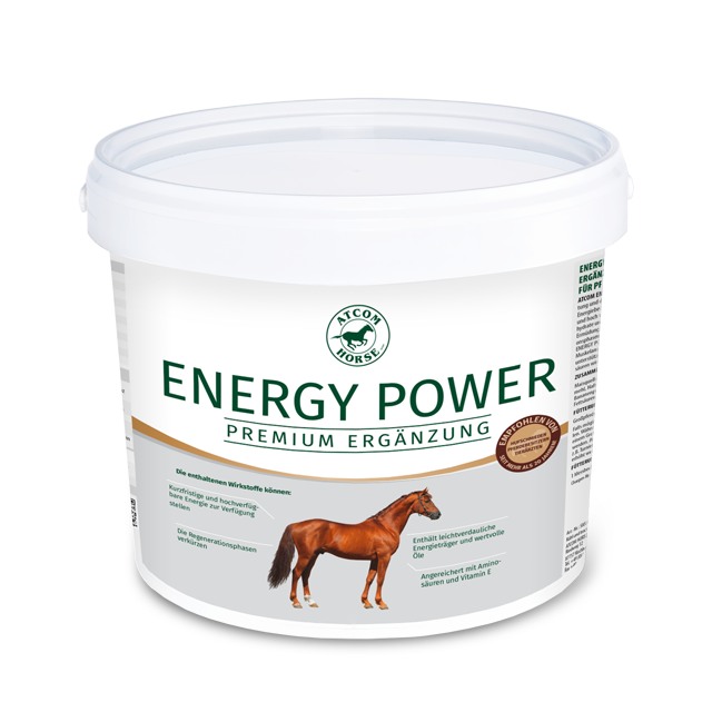 Energy Power Pferdefutter Eimer mit der Aufschrift 'Energy Power', ein Premium-Ergänzungsfutter für Pferde, mit einem Bild eines Pferdes.