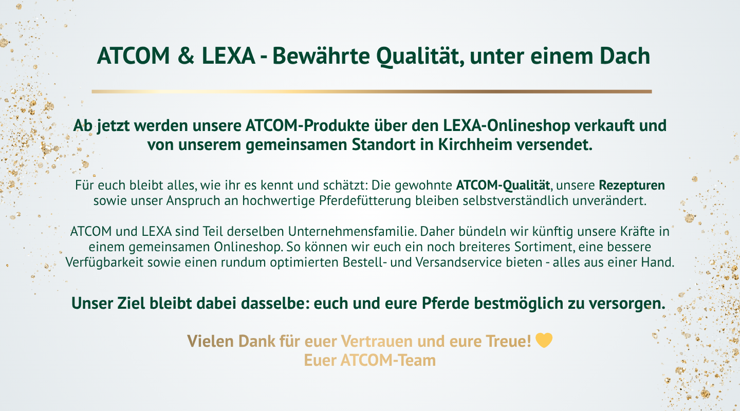 ATCOM & LEXA informieren über gemeinsamen Onlineshop ab April 2026 – bewährte Qualität, größere Auswahl und optimierter Versand für Pferdefutter.