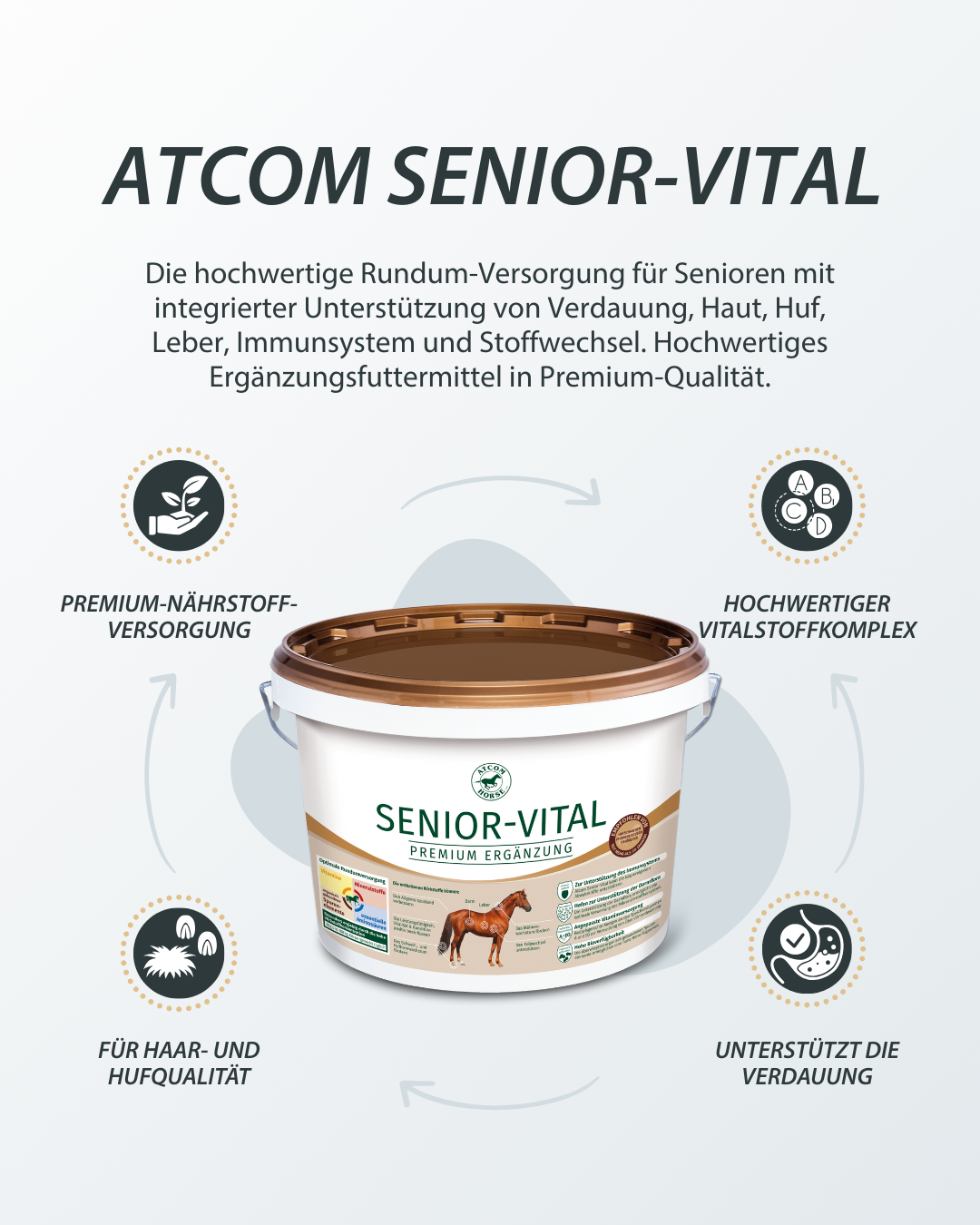 Es wird als hochwertige Rundum-Versorgung für Seniorpferde beschrieben und hebt vier Hauptvorteile hervor: Premium-Nährstoffversorgung, hochwertiger Vitalstoffkomplex, Unterstützung der Verdauung und Verbesserung der Haar- und Hufqualität.
