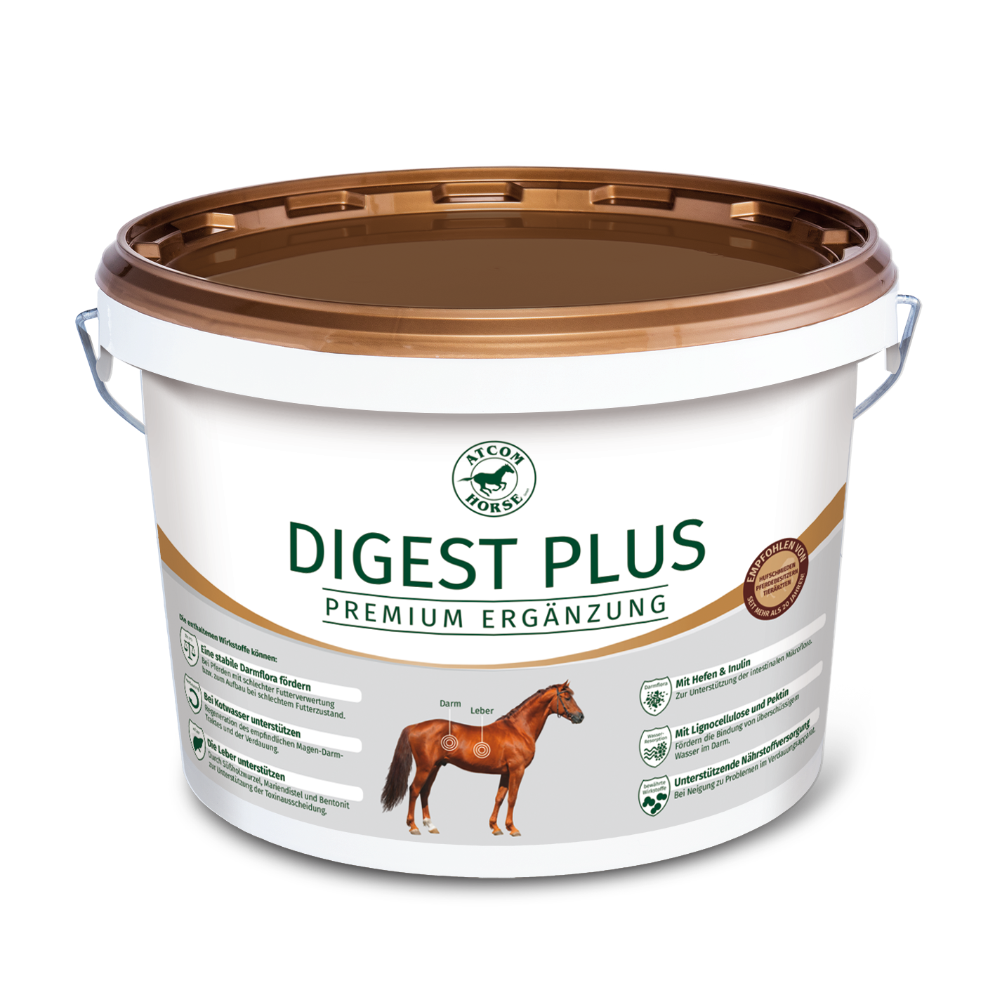 DIGEST PLUS Pferdefutter Eimer mit der Aufschrift 'DIGEST PLUS', ein Premium-Ergänzungsfutter für Pferde, mit einem Bild eines Pferdes.